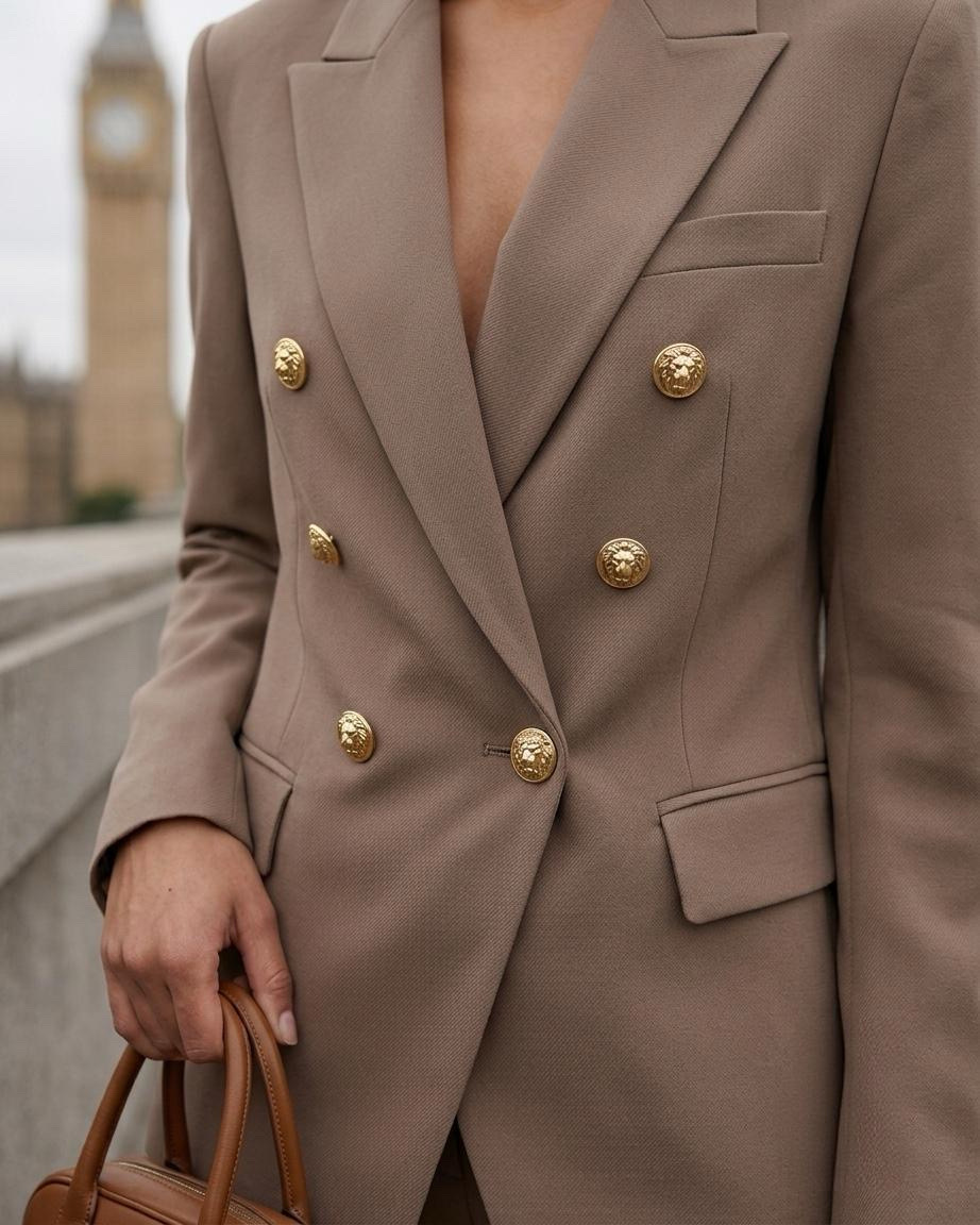 The Chelsea Blazer — Beige Taupe Double-Breasted Tailored Blazer