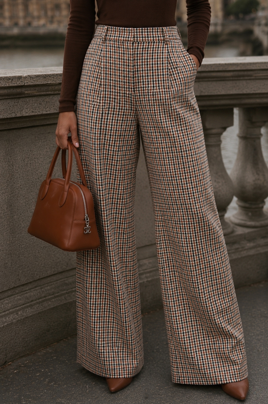 The Oxford Trousers — Brown Check High-Waisted Wide-Leg Trousers